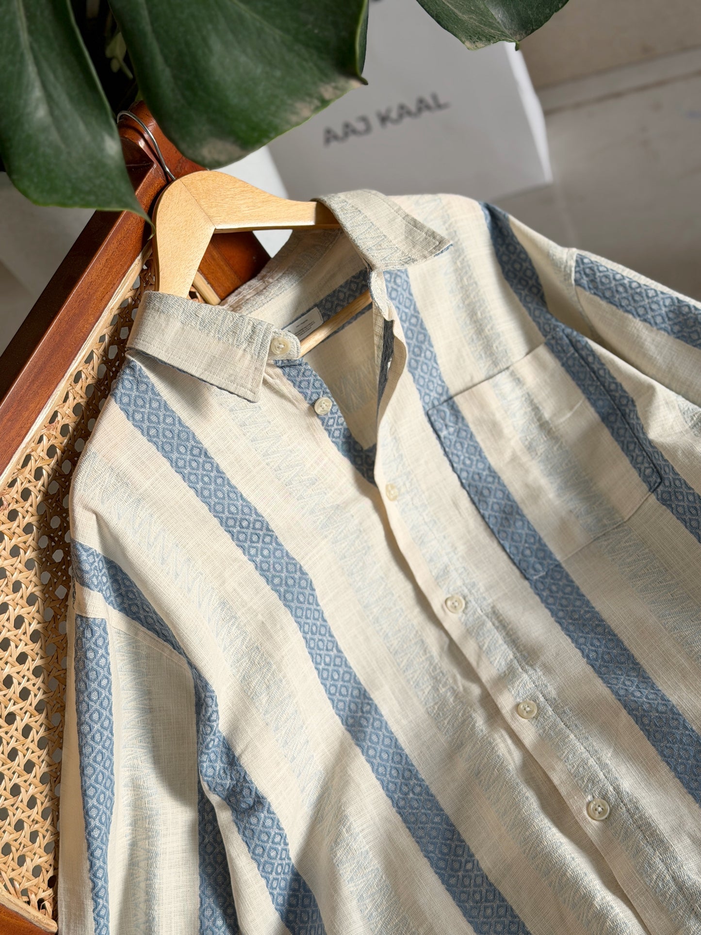 Textured Pale Blue Stripe Boxy Full Sleeve Shirt