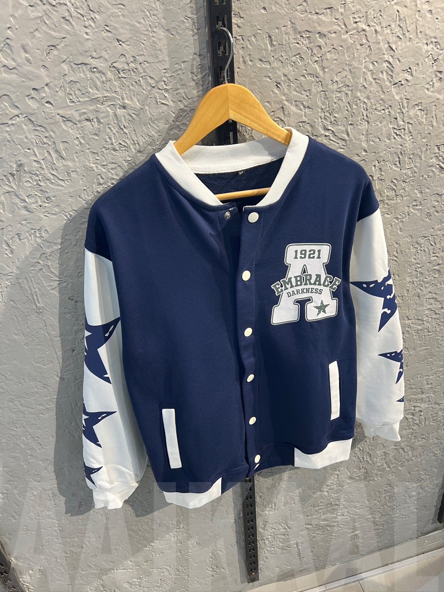 Blue Dropshoulder Varsity Jacket