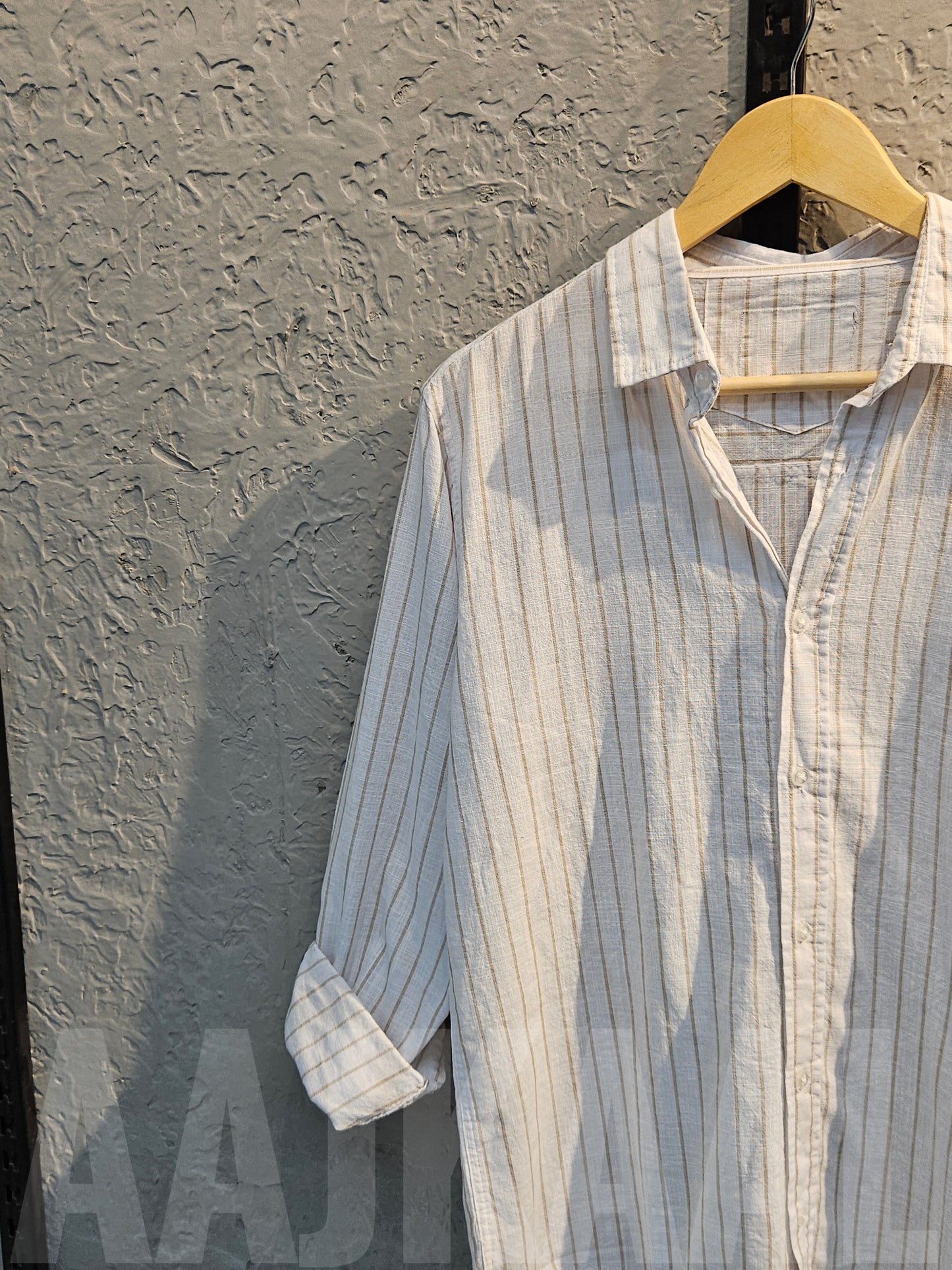 White with Beige Stripe Regular Full Sleeve Shirt