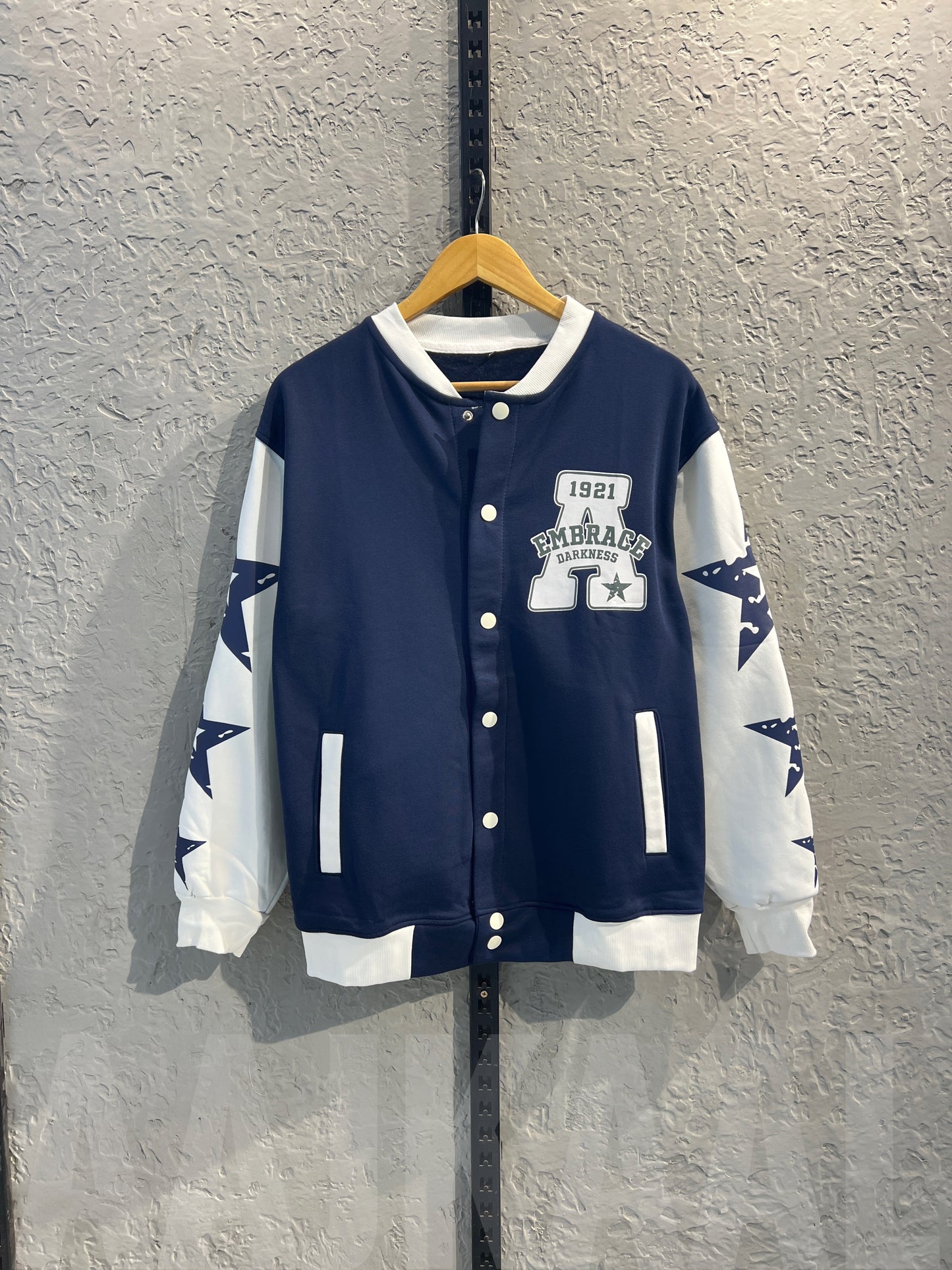 Blue Dropshoulder Varsity Jacket