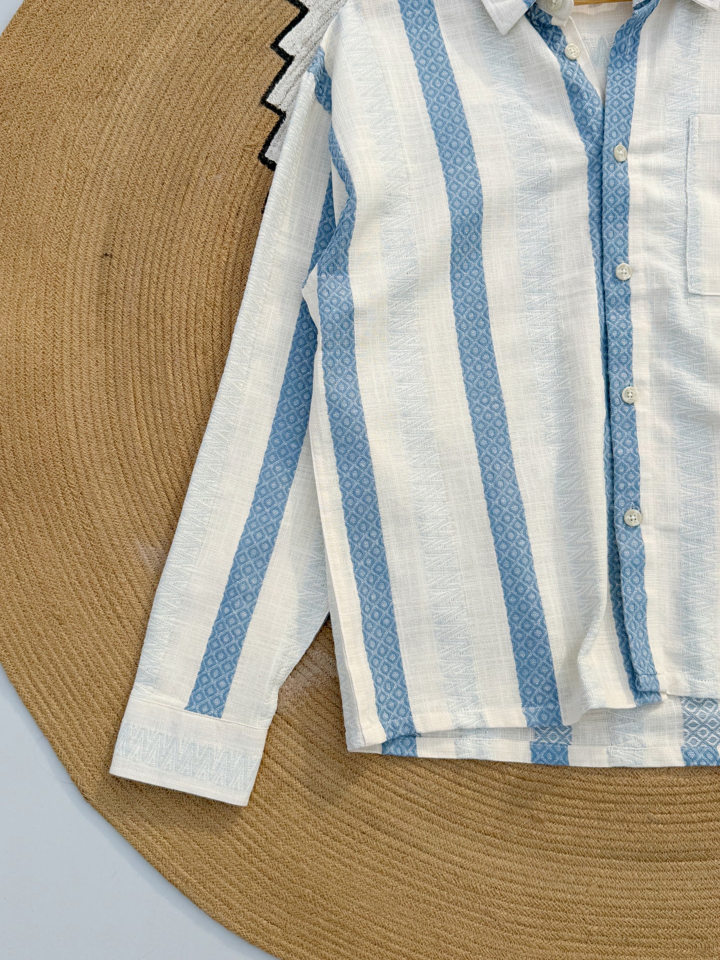 Textured Pale Blue Stripe Boxy Full Sleeve Shirt