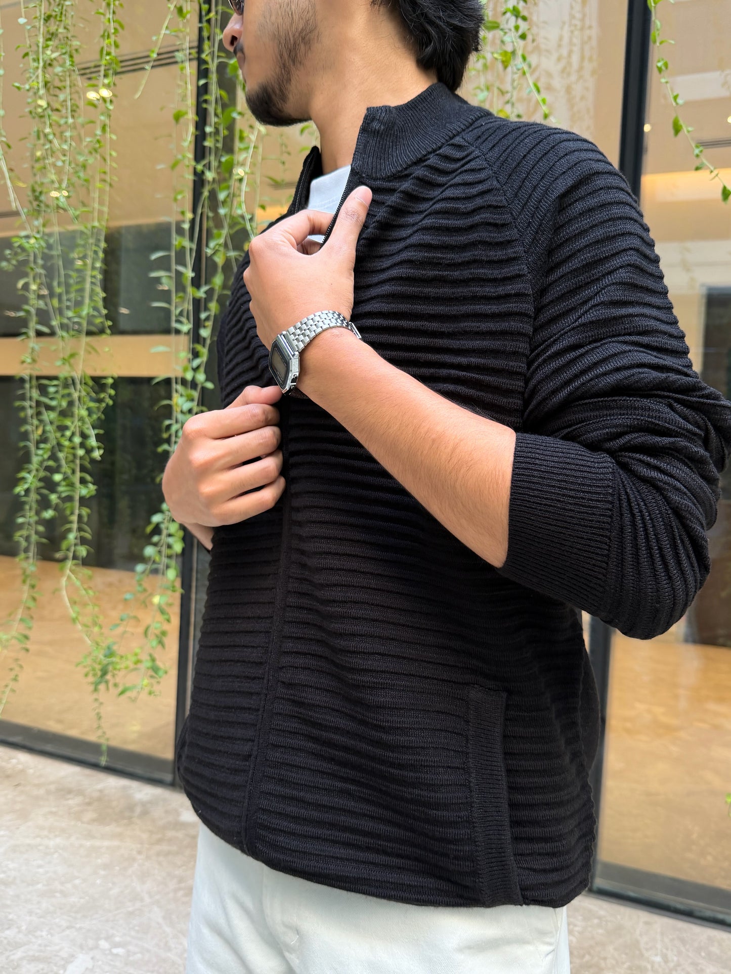 Black Textured Full Zip Knitted Sweater