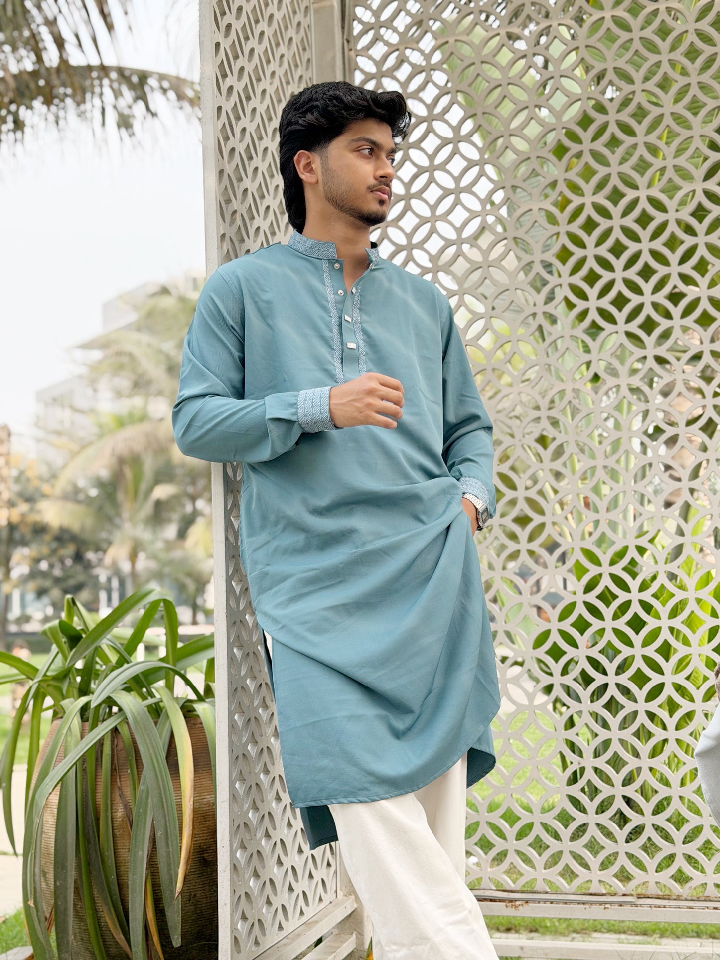 AajKaal Sage Green Classic Embroidered Panjabi