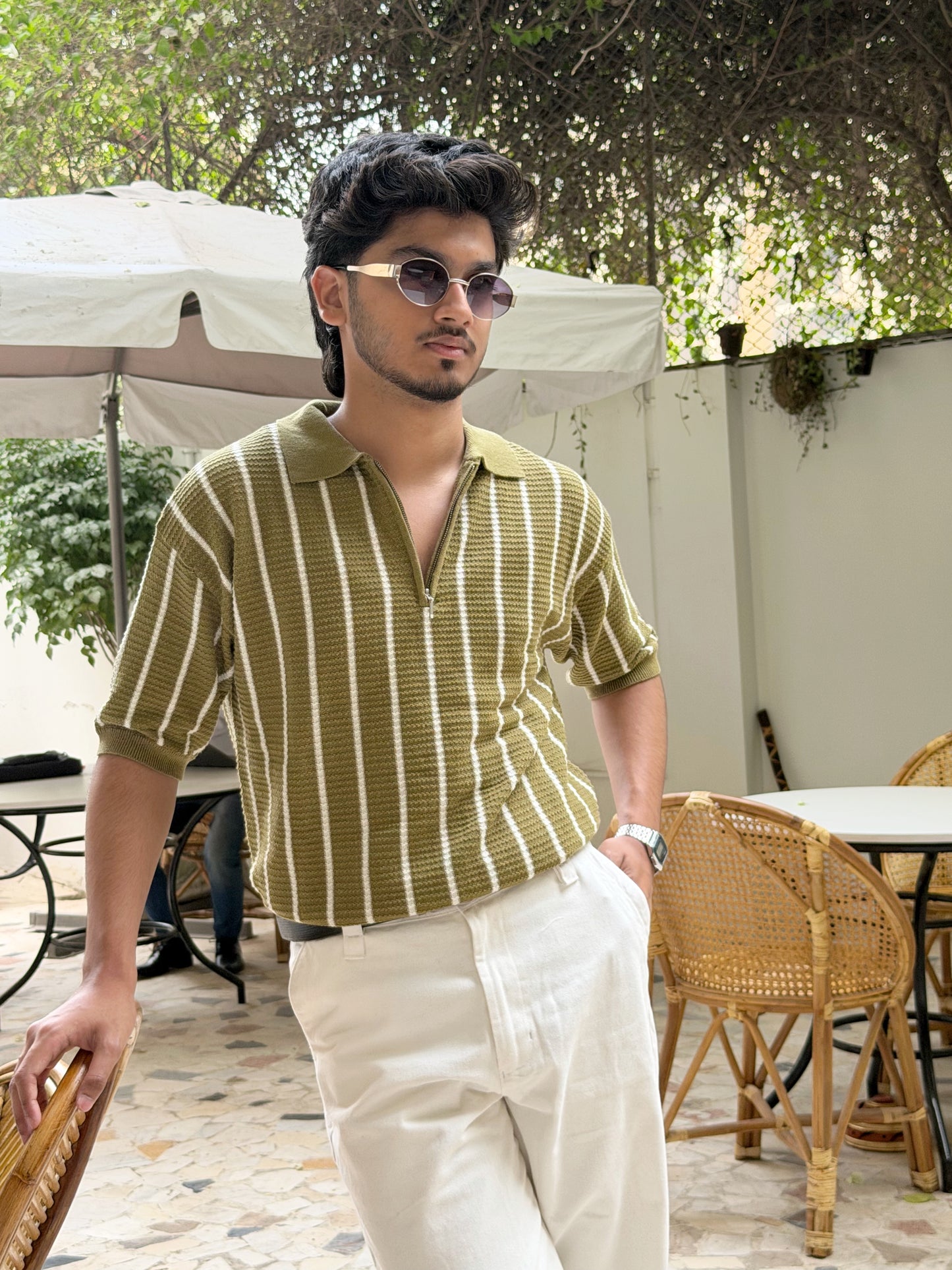 Aajkaal Olive Zipper Knitted Polo