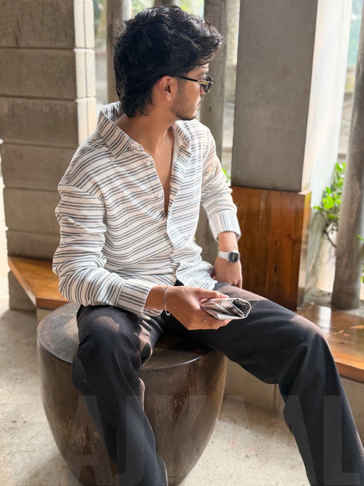 White Urban Stripe Textured Full Sleeve Shirt