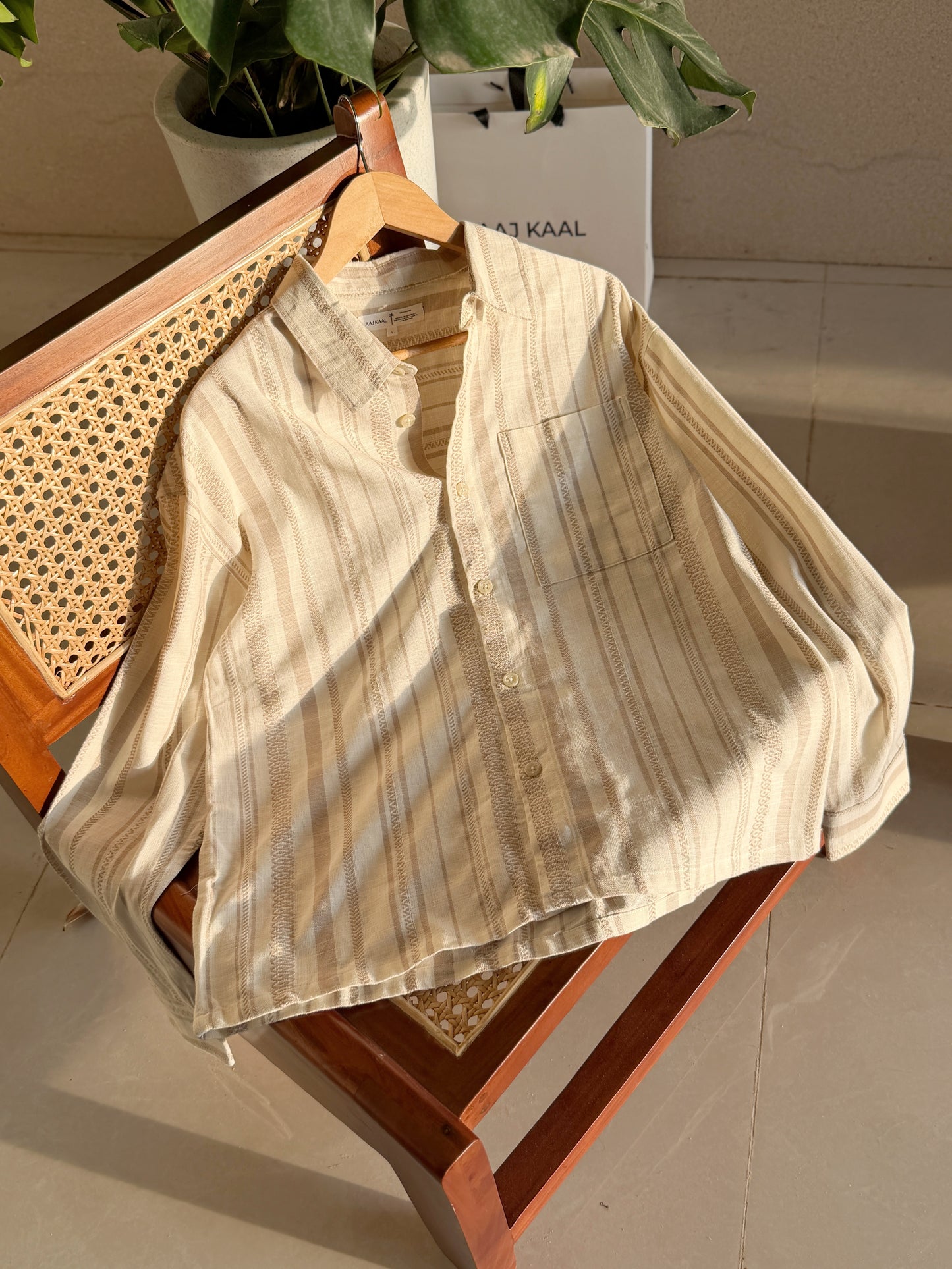 Textured  Oatmeal Stripe Boxy Full Sleeve Shirt