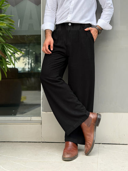 Aajkaal Pleated Wide-Leg Linen Pant – Black