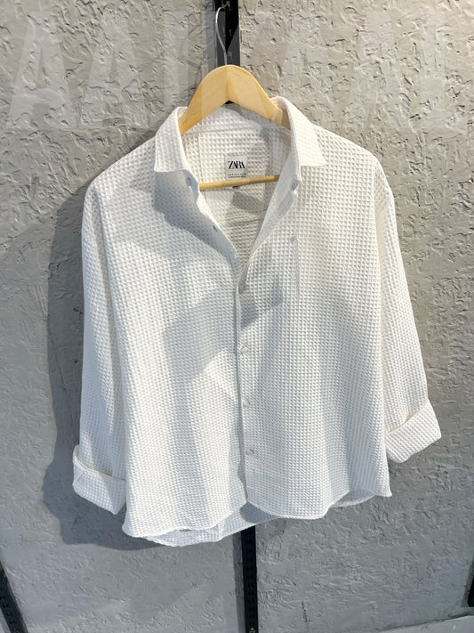 Waffle Texture White Full Sleeve Shirt