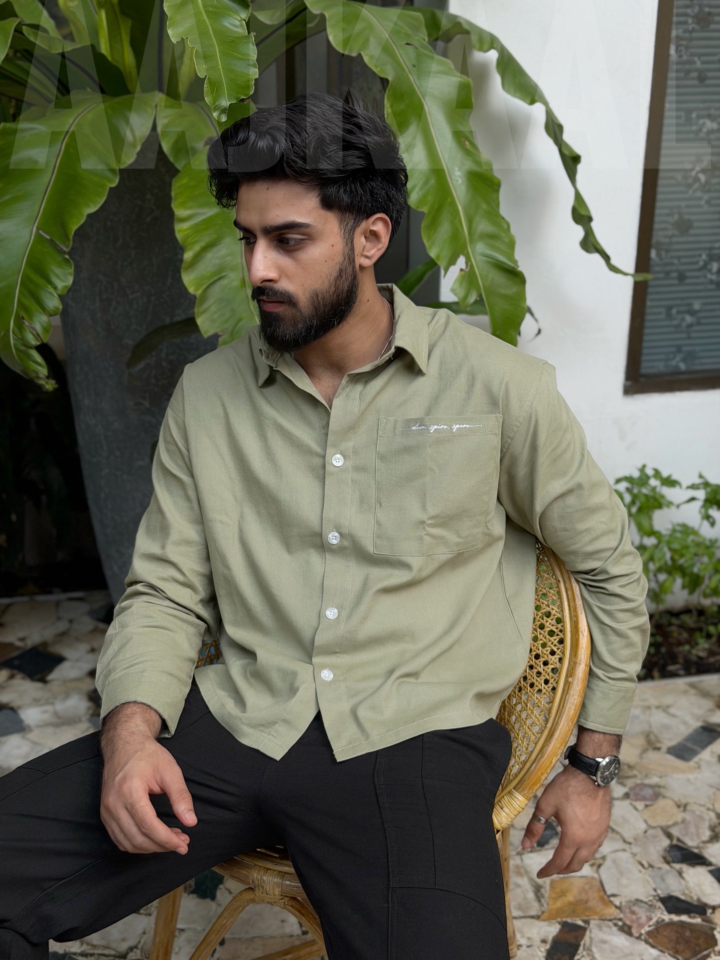 Aajkaal Frosted Olive Embroidery Boxy Shirt