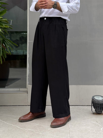 Aajkaal Pleated Wide-Leg Linen Pant – Black