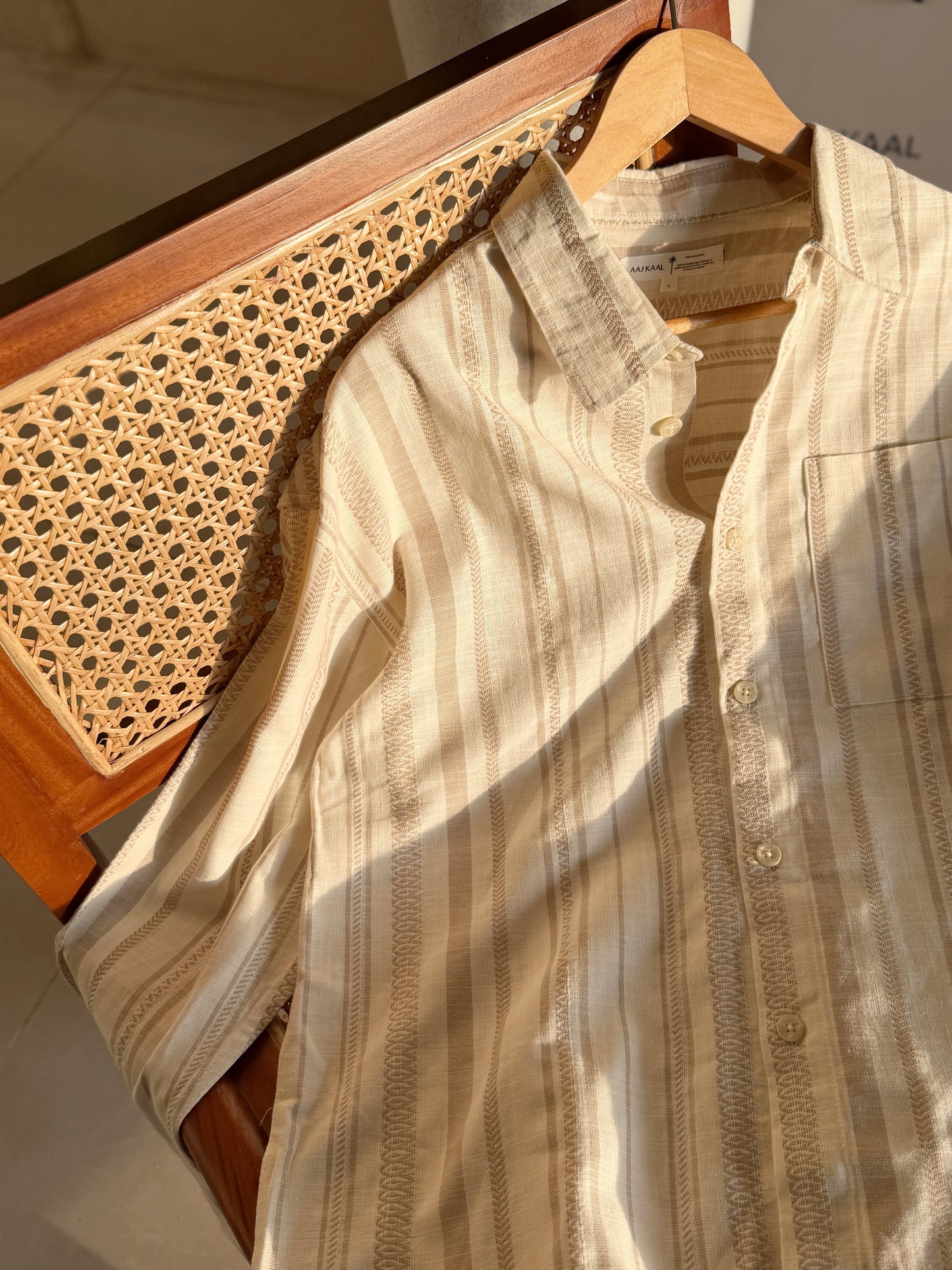 Textured  Oatmeal Stripe Boxy Full Sleeve Shirt