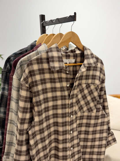 Aajkaal Flannel Shacket  - Chocolate Beige Check