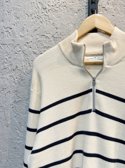 Blue Stripe High Neck Half Zip Oversized Knitted Sweater