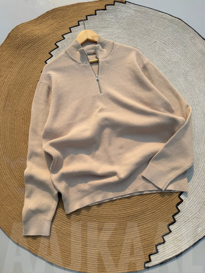 Beige High Neck Oversized Knitted Sweater