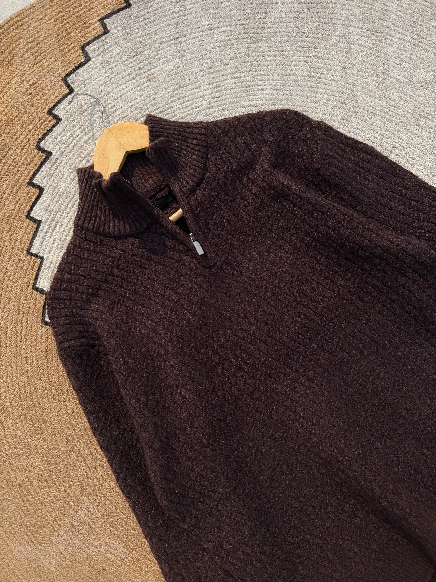 Coffee High Neck Textured Half Zip Knitted Sweater