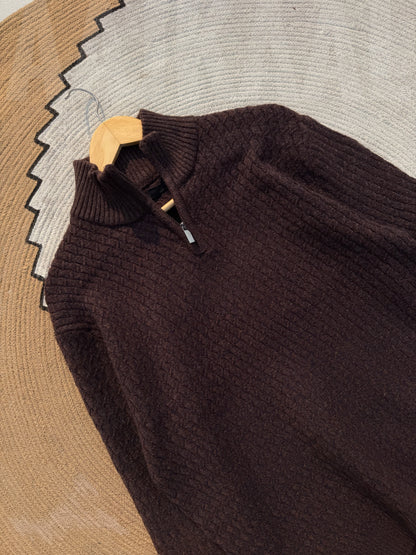 Coffee High Neck Textured Half Zip Knitted Sweater