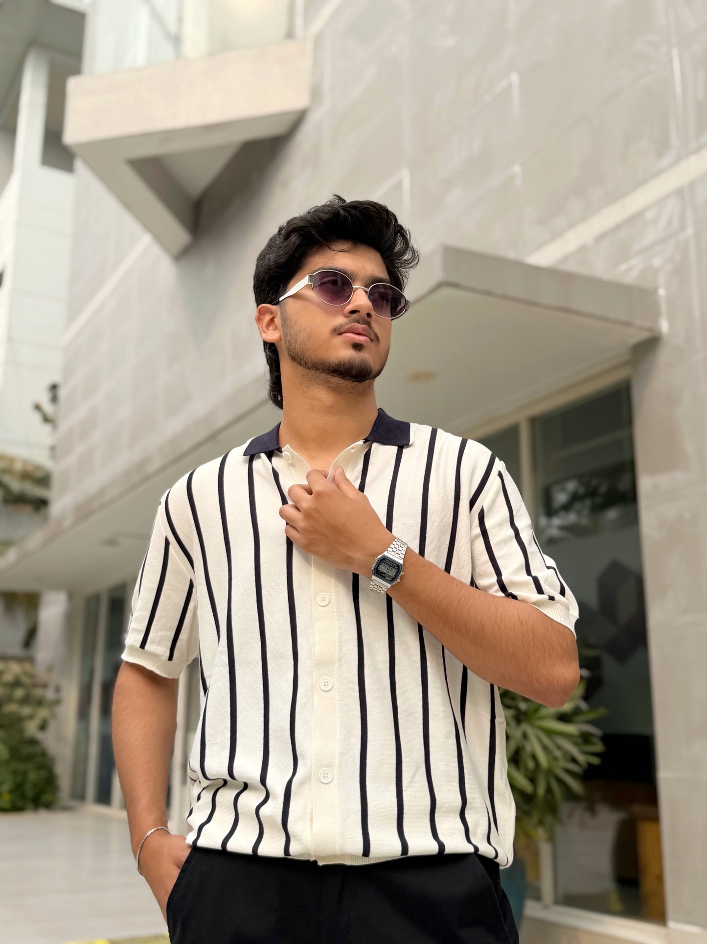 White Stripe Button Knitted Shirt