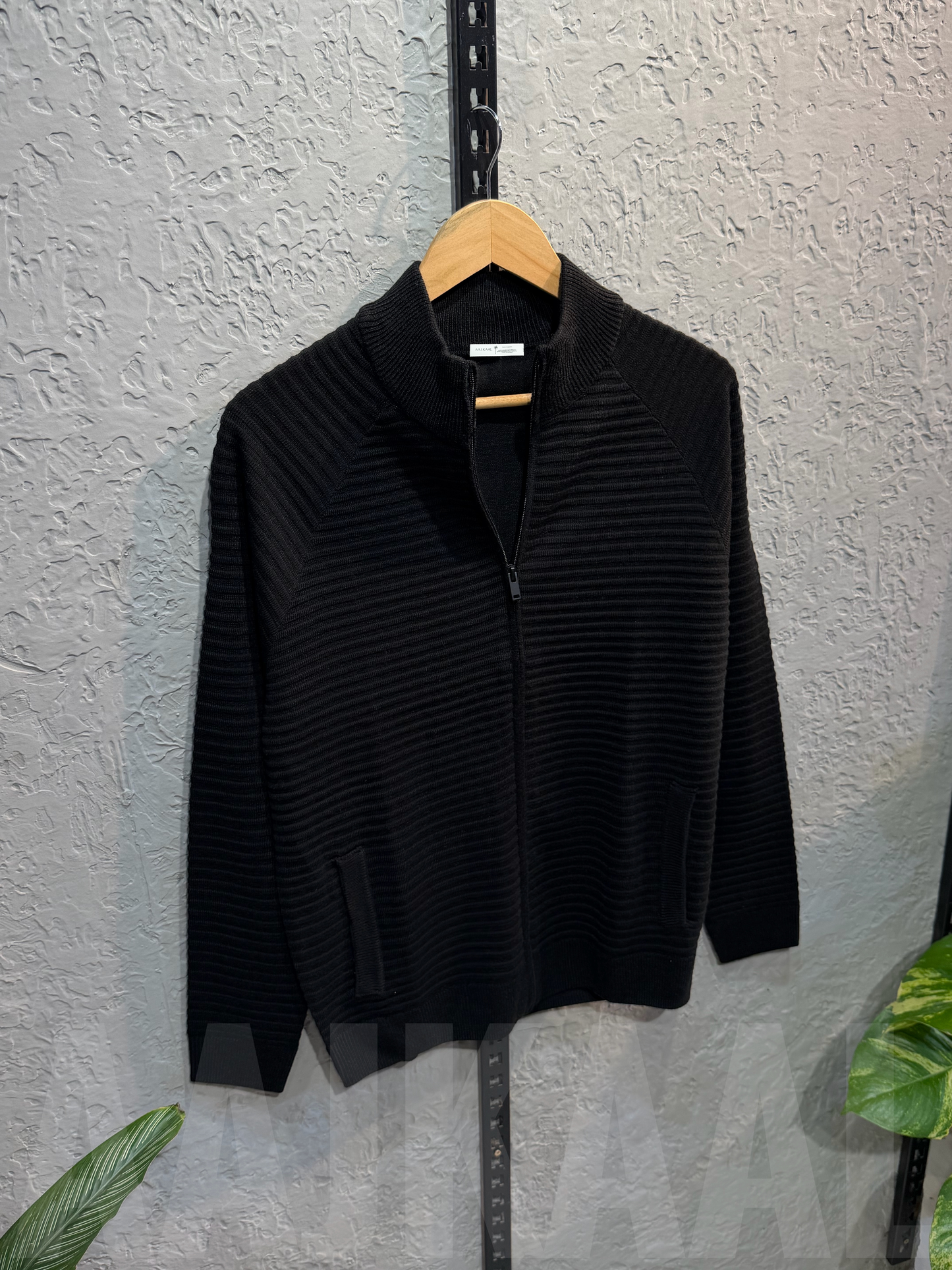 Black Textured Full Zip Knitted Sweater