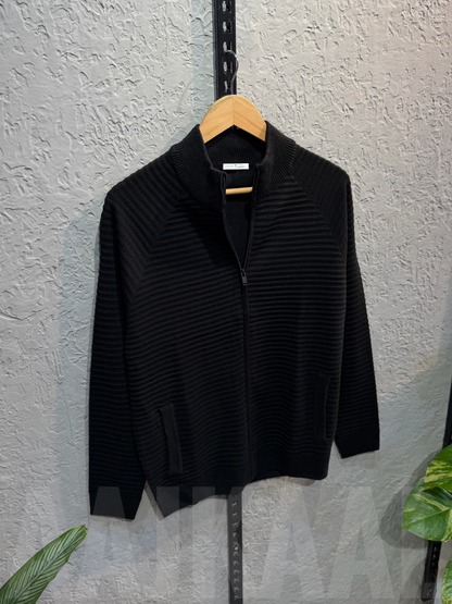 Black Textured Full Zip Knitted Sweater