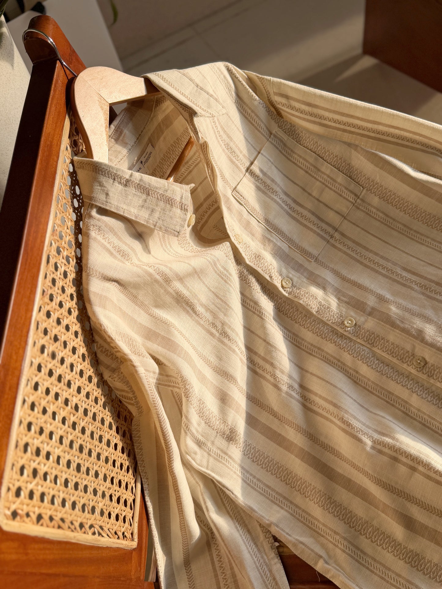 Textured  Oatmeal Stripe Boxy Full Sleeve Shirt