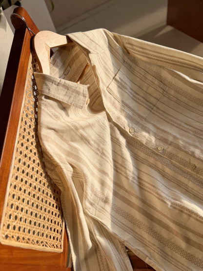 Textured  Oatmeal Stripe Boxy Full Sleeve Shirt