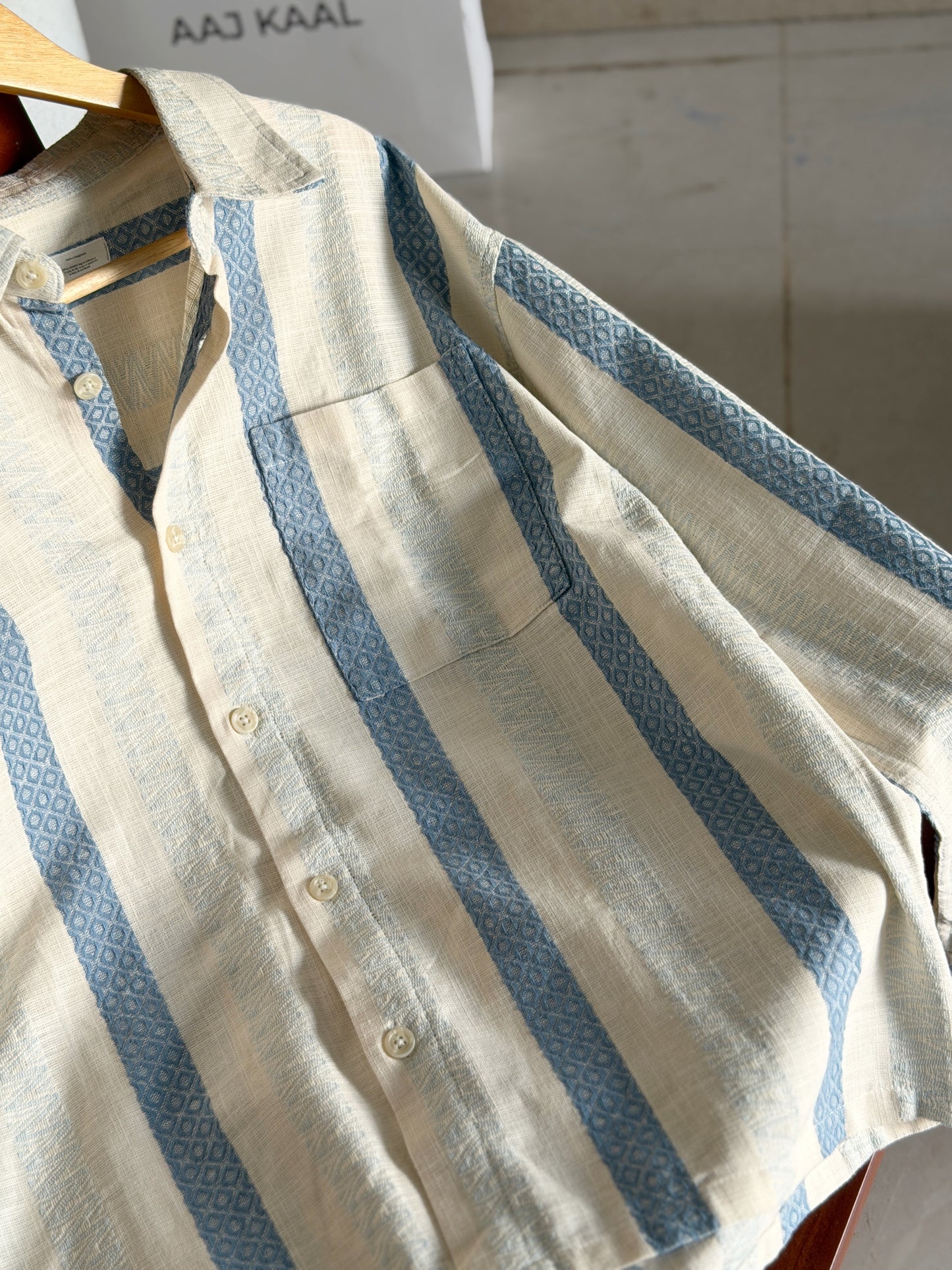 Textured Pale Blue Stripe Boxy Full Sleeve Shirt