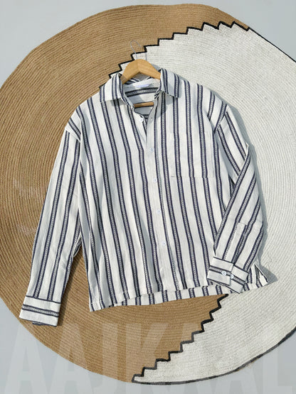 Dropshoulder White Stripe Full Sleeve Shirt