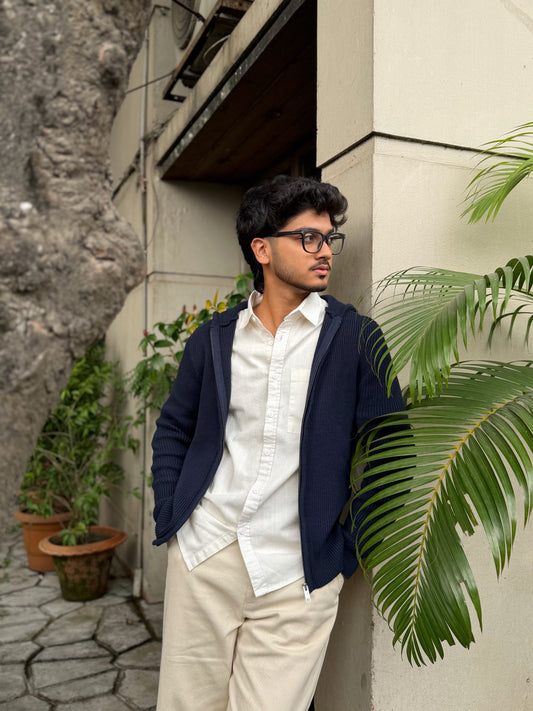 Navy Blue Zipper Hood Knitted Sweater