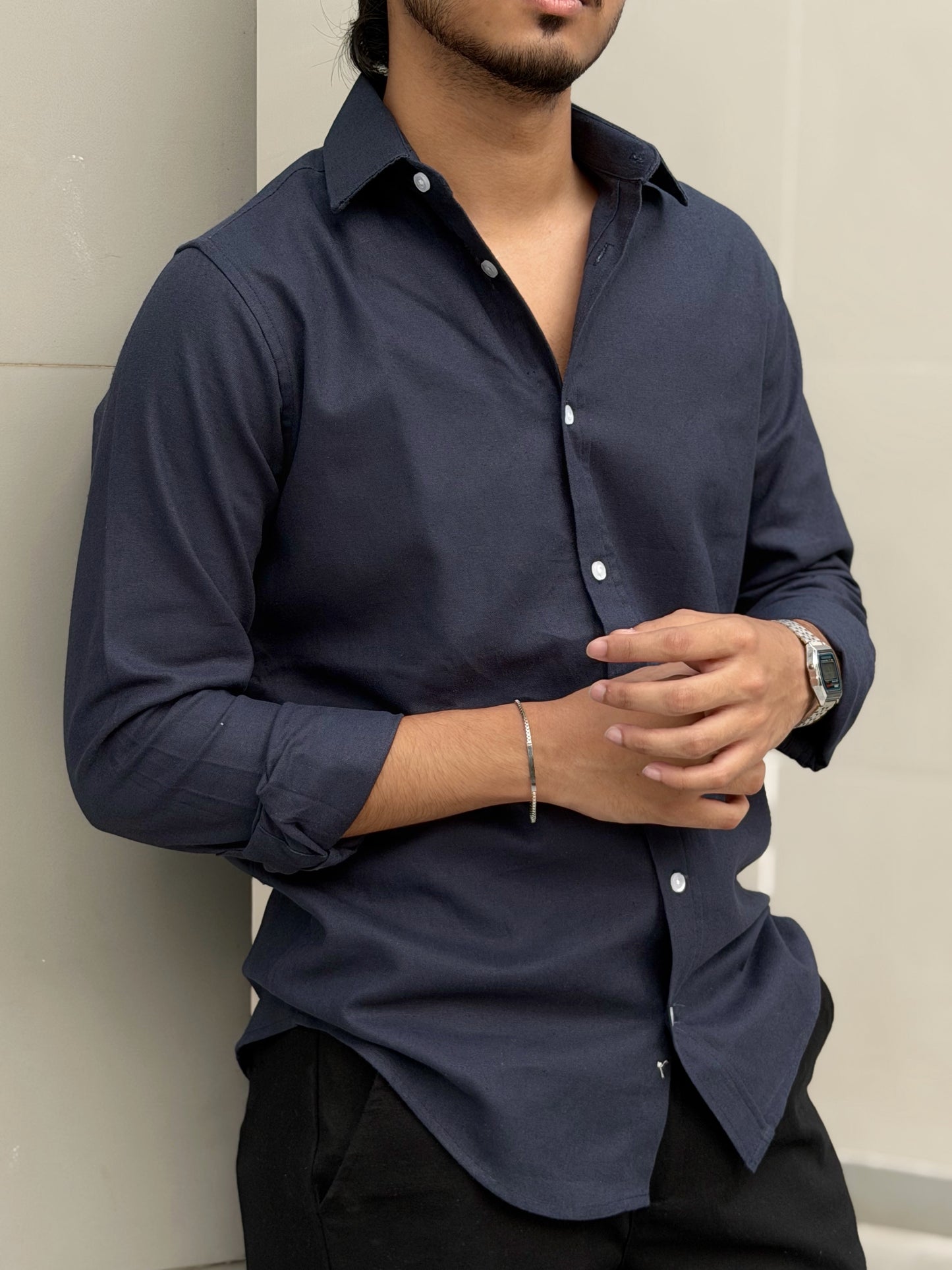 Navy Blue Soft Linen Full Sleeve Shirt
