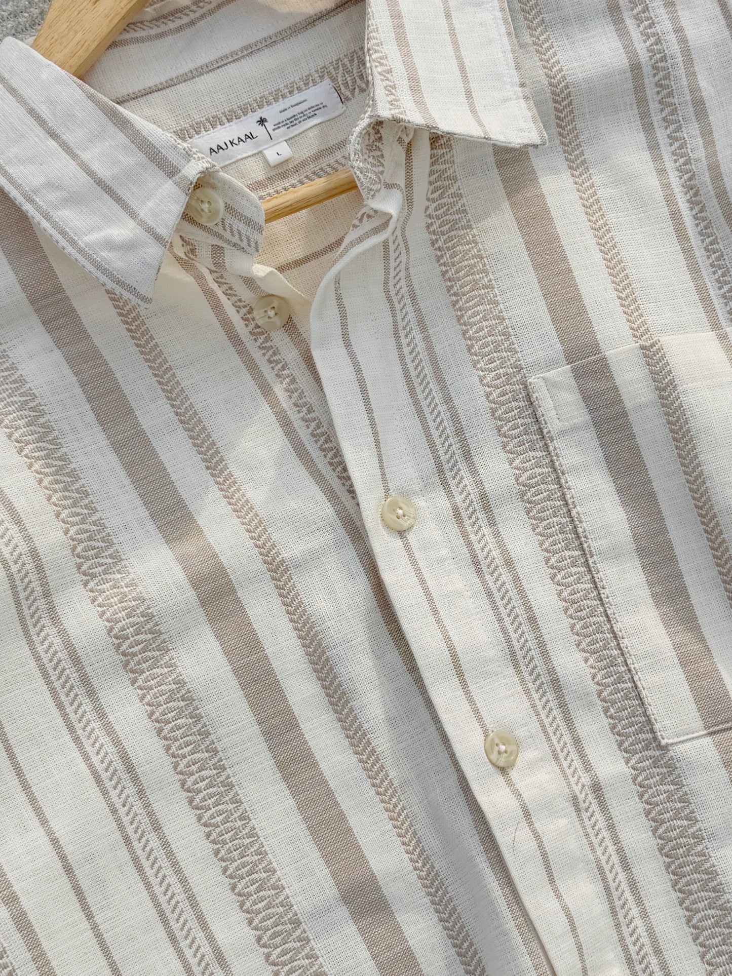 Textured  Oatmeal Stripe Boxy Full Sleeve Shirt