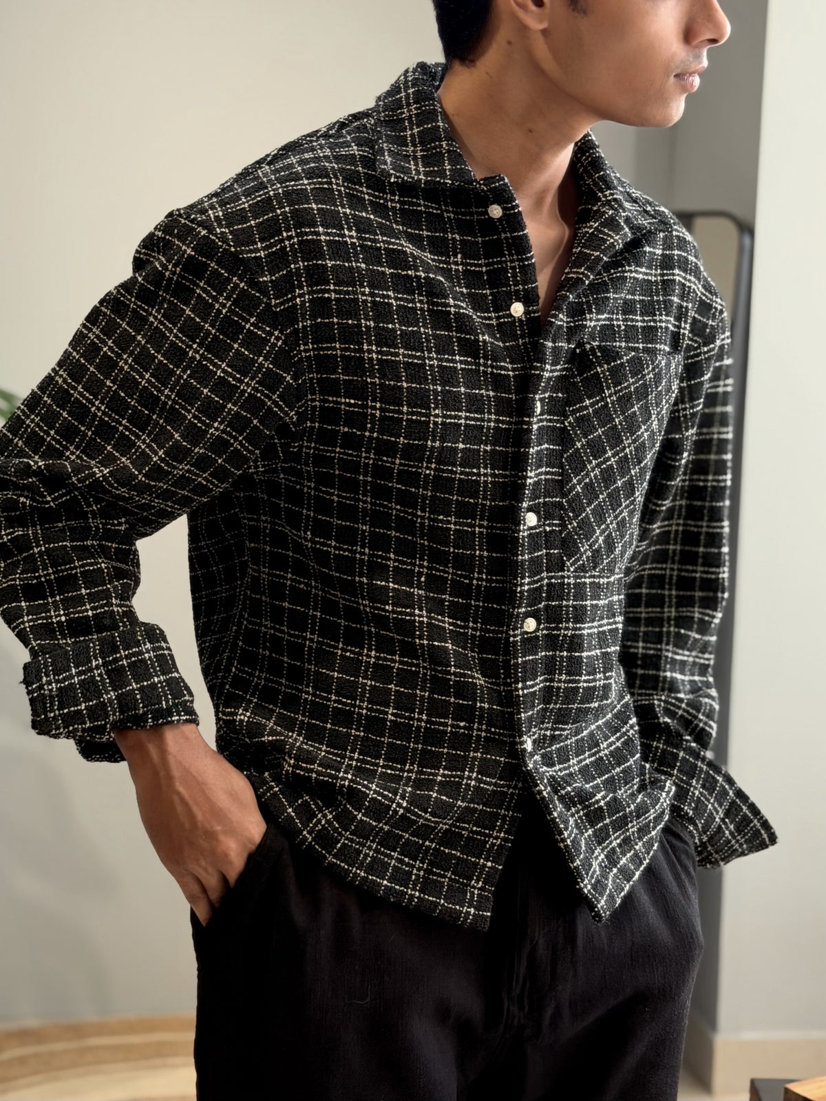 Aajkaal Flannel Shacket  - Textured Black Check