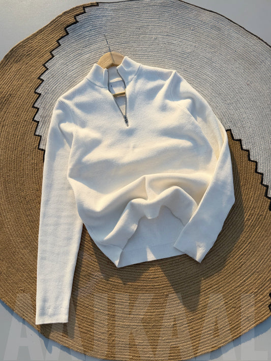 White High Neck Half Zip Knitted Sweater