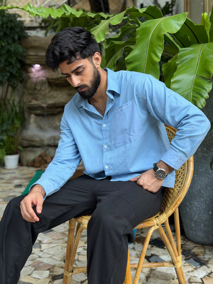 Aajkaal Ocean Blue Embroidery Boxy Shirt