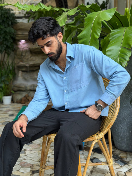 Aajkaal Ocean Blue Embroidery Boxy Shirt