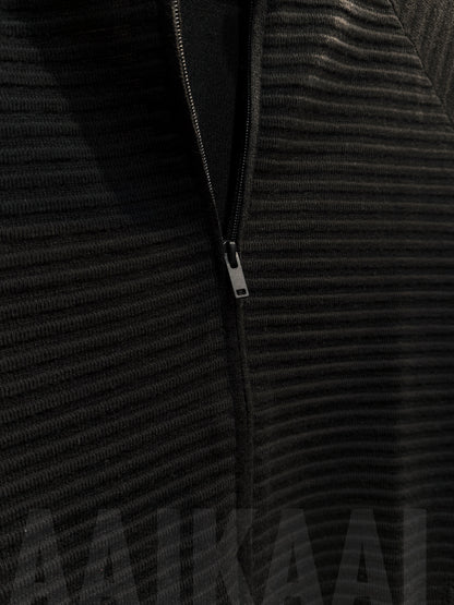 Black Textured Full Zip Knitted Sweater