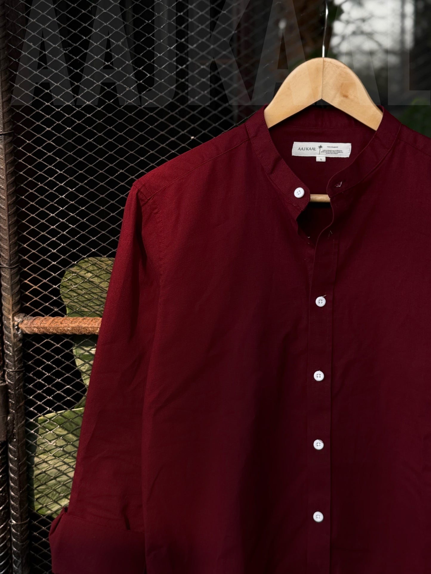 Maroon Band Collar Full Sleeve Shirt