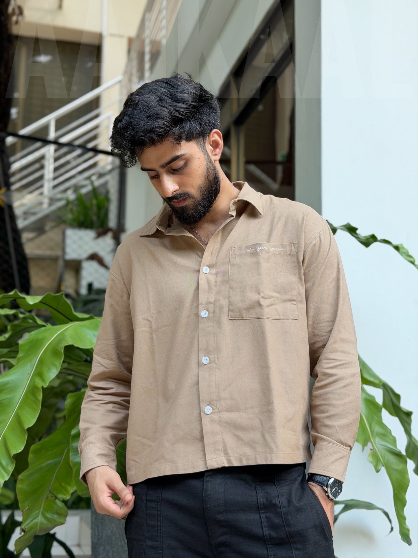 Aajkaal Wood Brown Embroidery Boxy Shirt