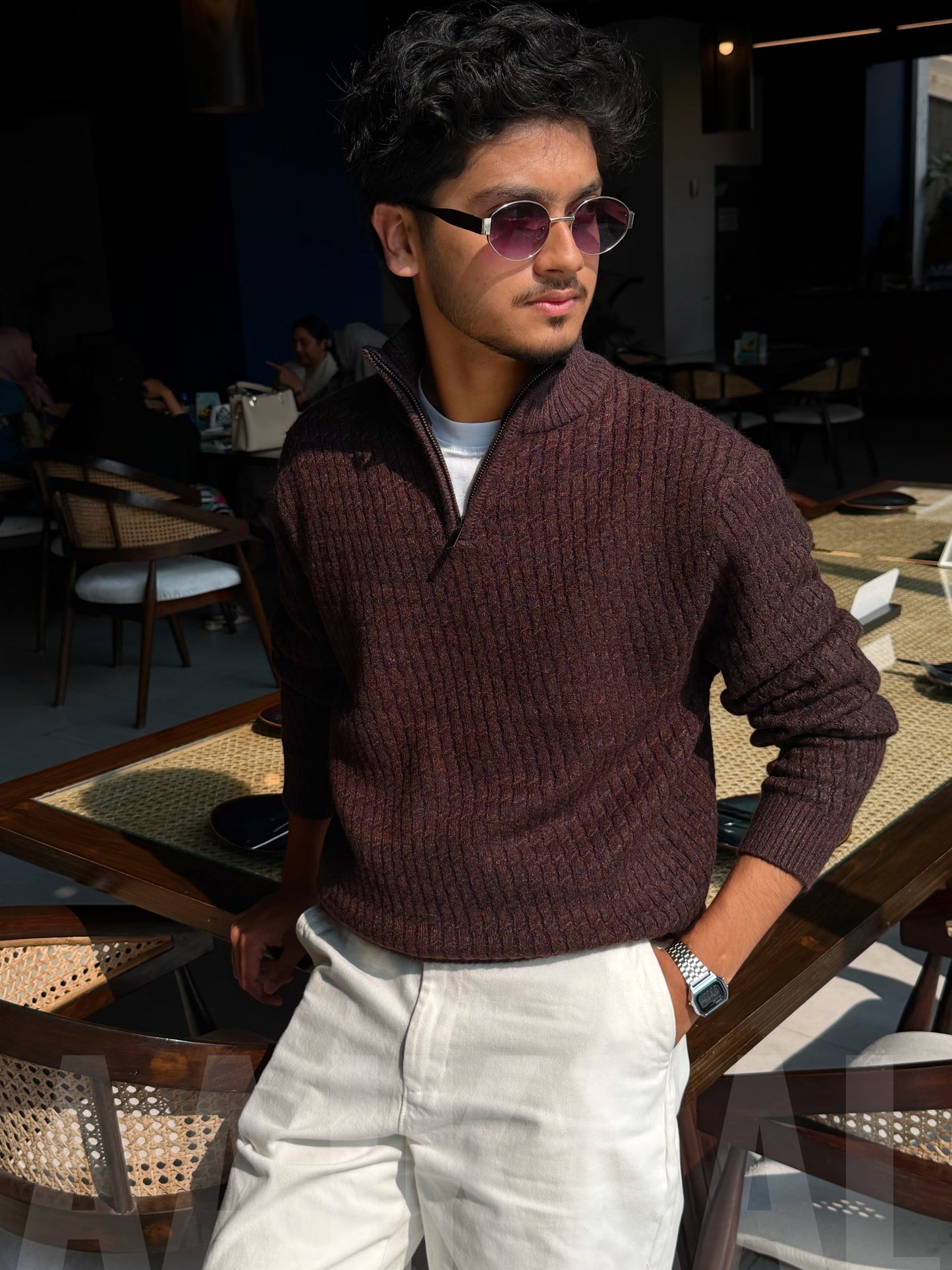 Coffee High Neck Textured Half Zip Knitted Sweater