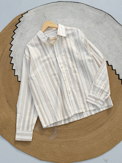 Textured  Oatmeal Stripe Boxy Full Sleeve Shirt