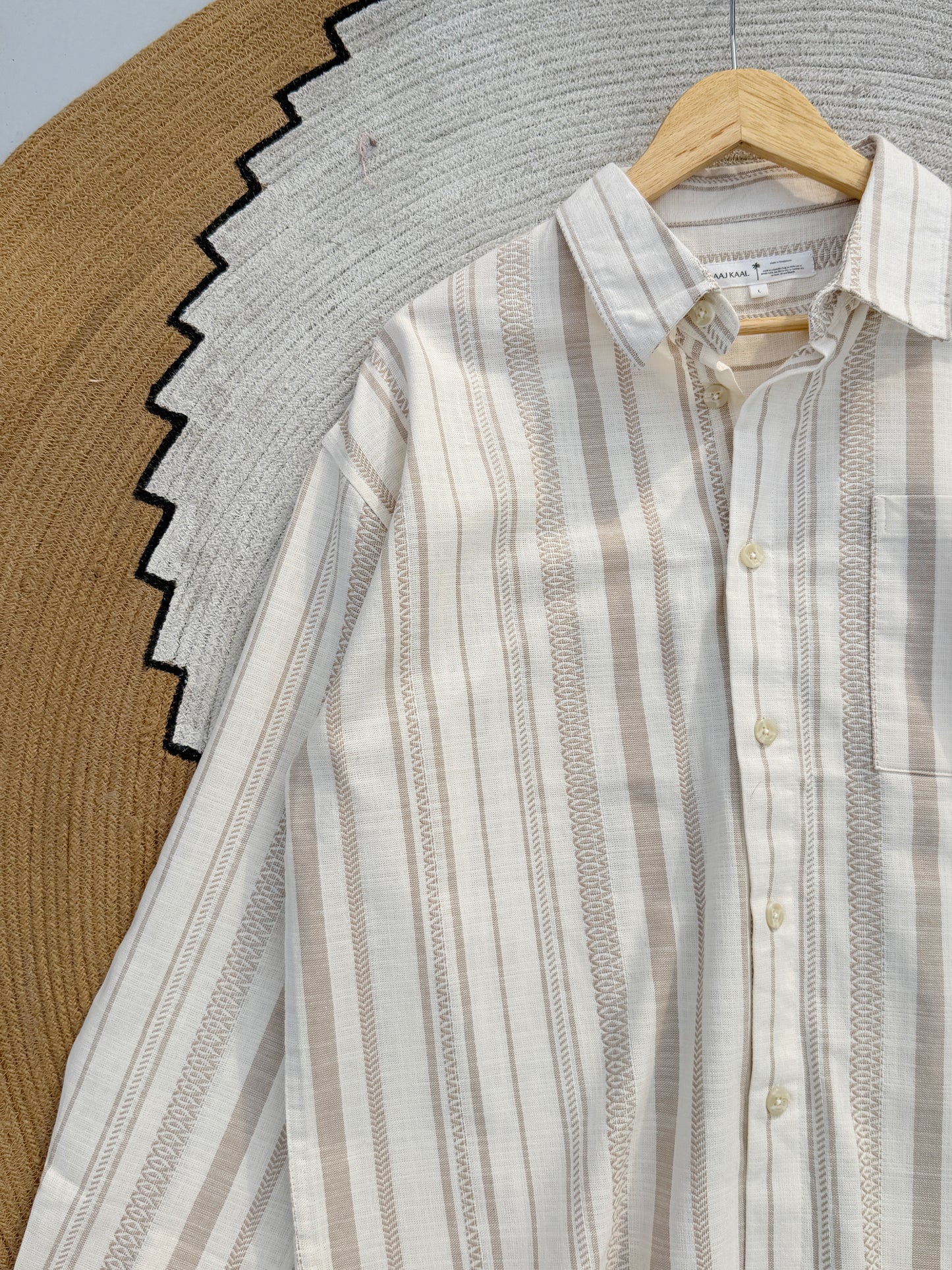 Textured  Oatmeal Stripe Boxy Full Sleeve Shirt