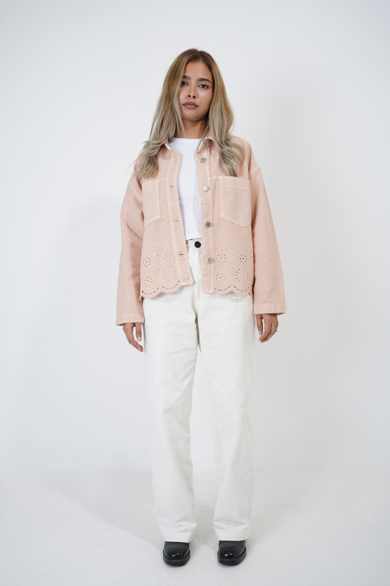 Femme Pink Denim Embroidered Shacket.