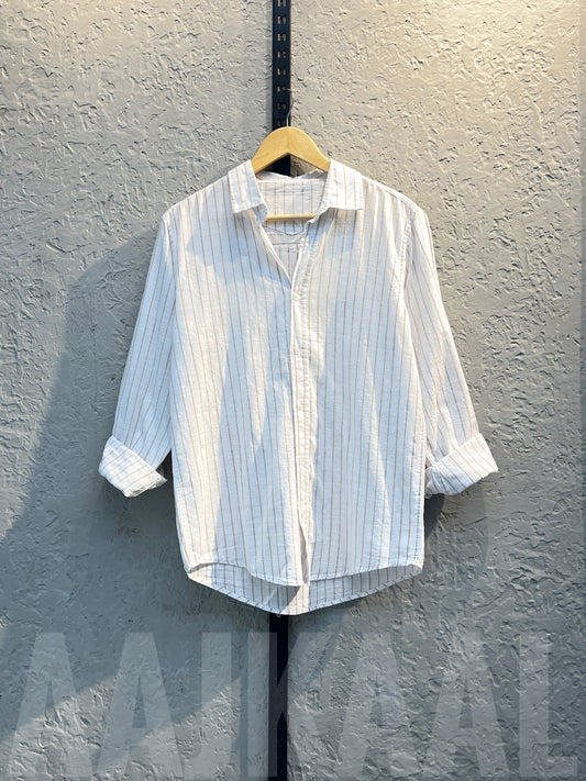 White with Beige Stripe Regular Full Sleeve Shirt