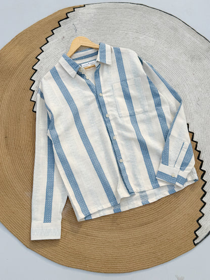 Textured Pale Blue Stripe Boxy Full Sleeve Shirt