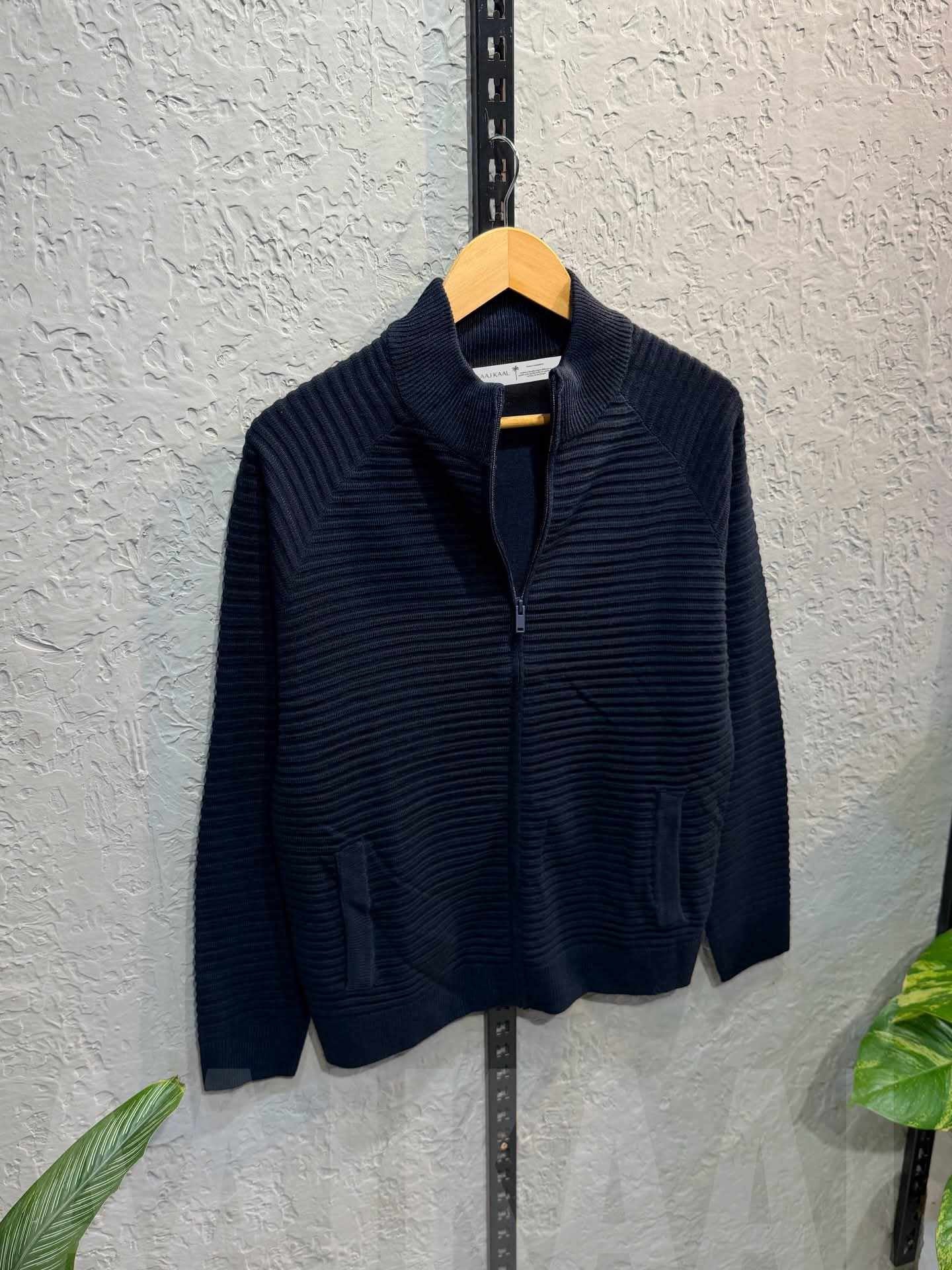 Navy Blue Textured Full Zip Knitted Sweater