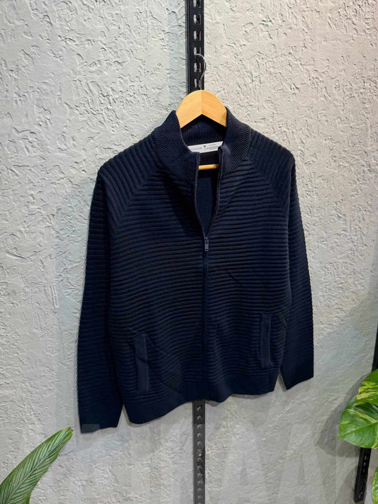 Navy Blue Textured Full Zip Knitted Sweater