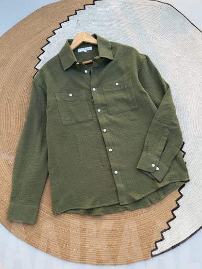 Olive Double Gauze Full Sleeve Shirt