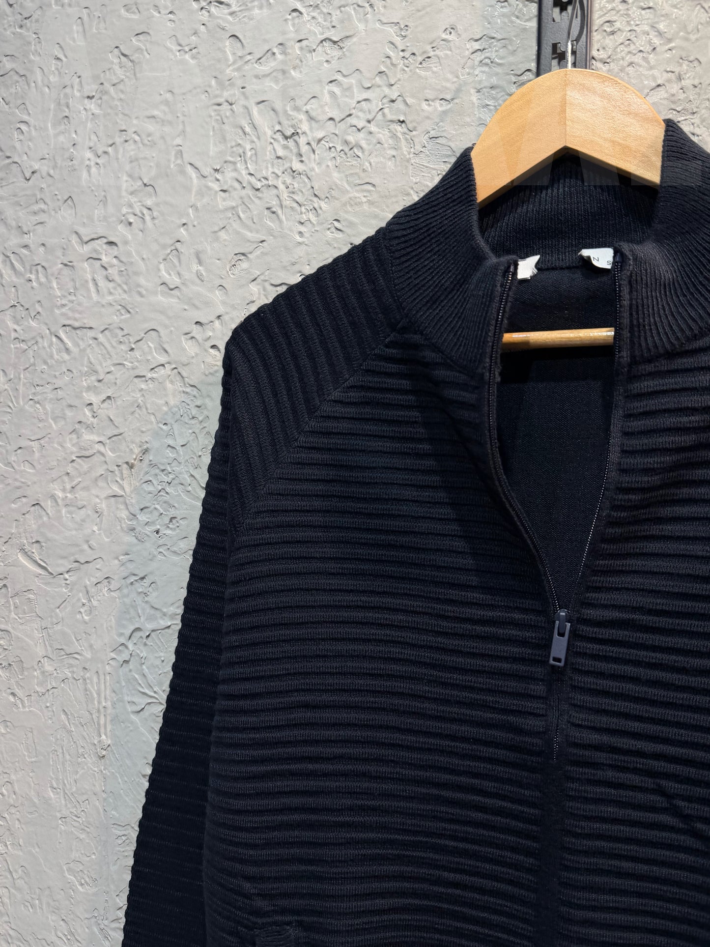 Navy Blue Textured Full Zip Knitted Sweater