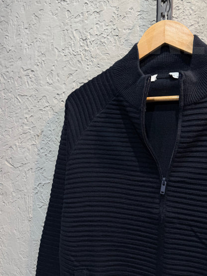 Navy Blue Textured Full Zip Knitted Sweater