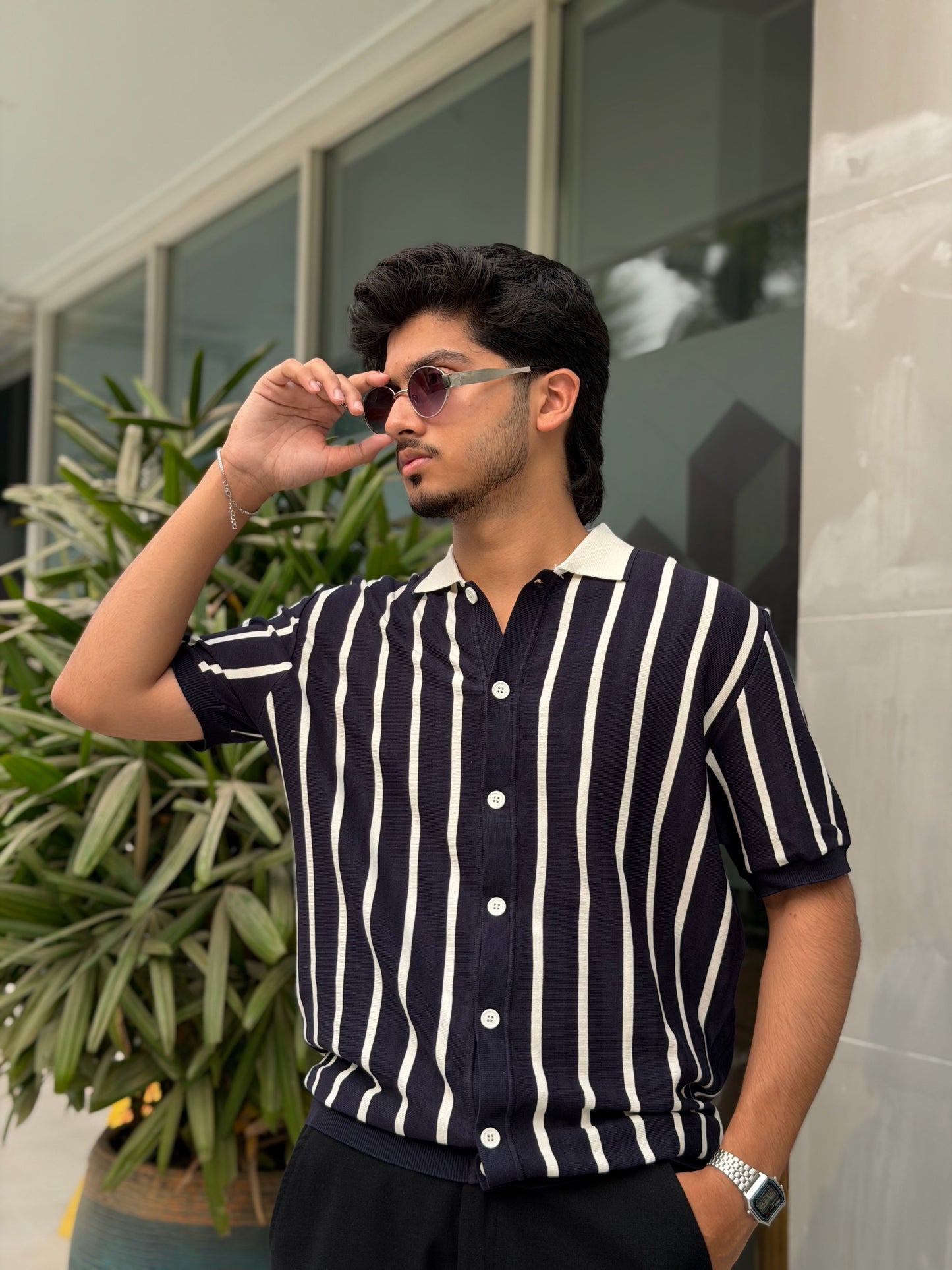 Navy Blue Button Knitted Shirt