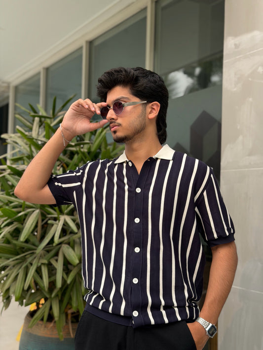 Navy Blue Button Knitted Shirt